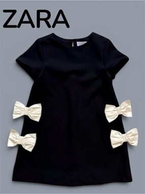 Zara Girls' Dress Sz 4 Black w/ White Bows Shortsleeved,Button hole back,Slip on